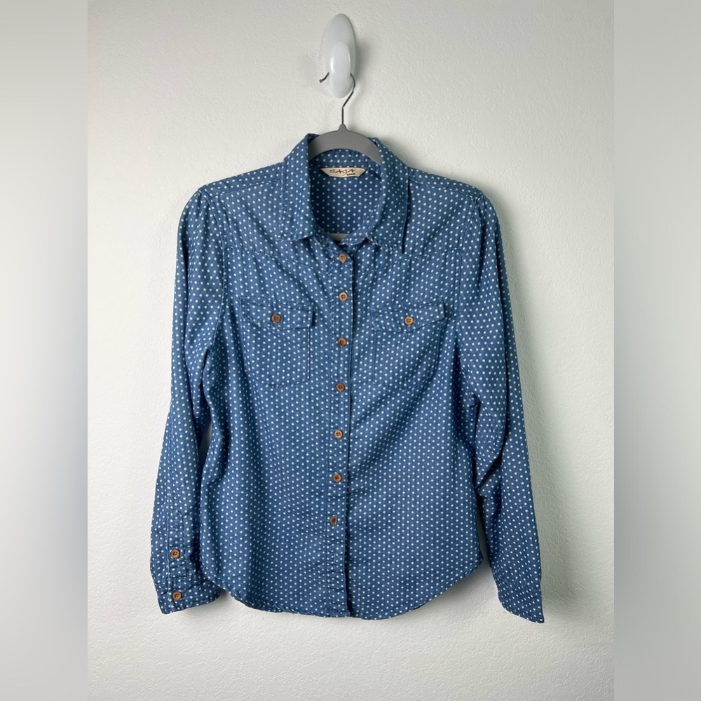 Saga Brand Cotton Polka Dot Button Down Top